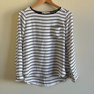 LOFT ANN TAYLOR STRIPED LONG‎ SLEEVE SHEER TOP POCKET WOMENS SIZE S PETITE
